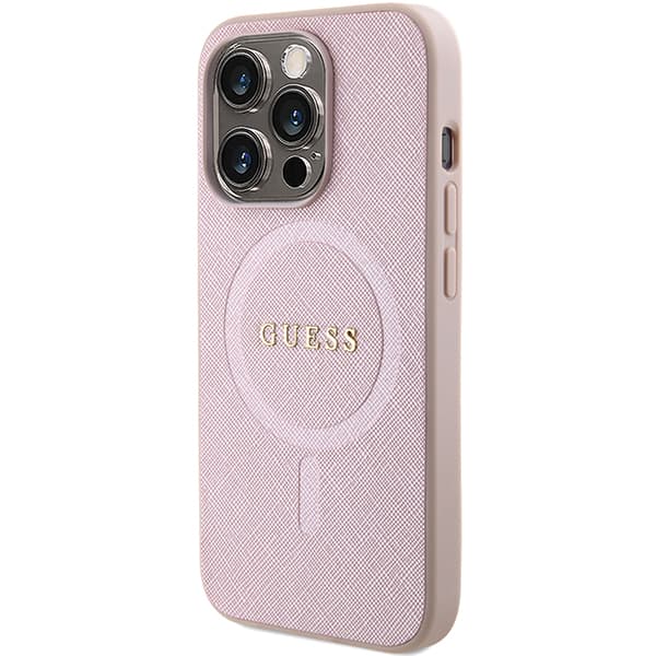 Guess Saffiano MagSafe-etui til iPhone 15 Pro, lyserød