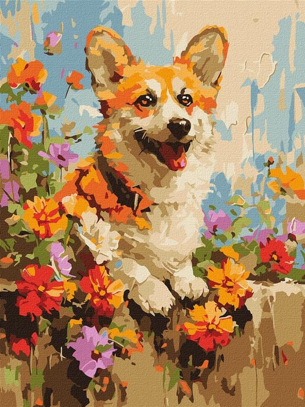 Maleri efter tal - Corgi i blomster 30x40cm