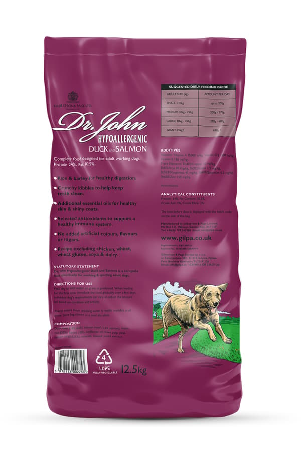 Dr. John Hypoallergenisk tørfoder til hunde med and og laks uden kylling 12,5 kg