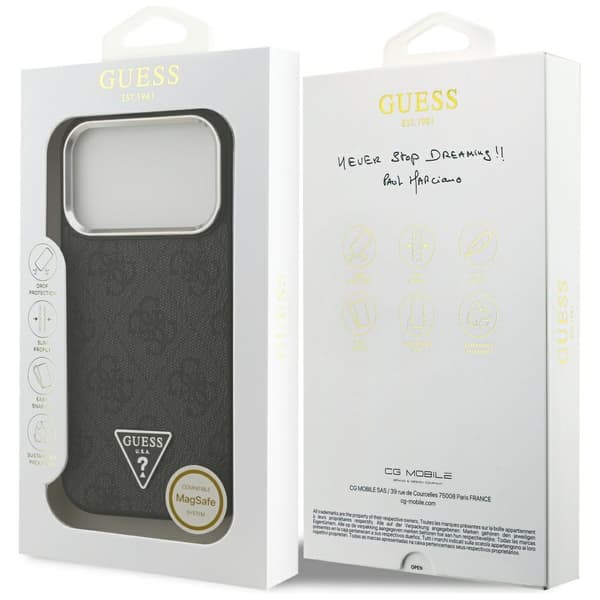 Guess 4G Triangle Logo MagSafe -kotelo iPhone 17 Prolle, musta ja hopea