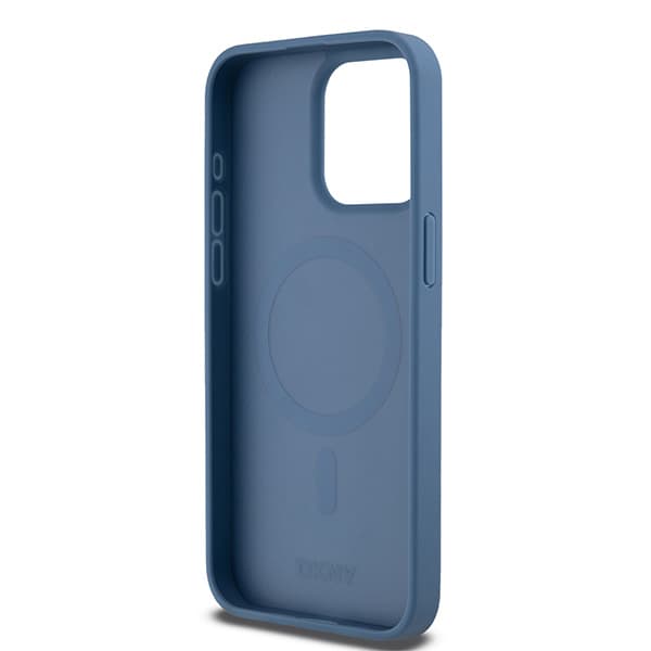 DKNY Lædermonogrammønster Metal Logo MagSafe-etui til iPhone 15 Pro Max, Blå