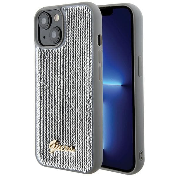 Guess Sequin Script Metal-etui til iPhone 15, sølv/sølv