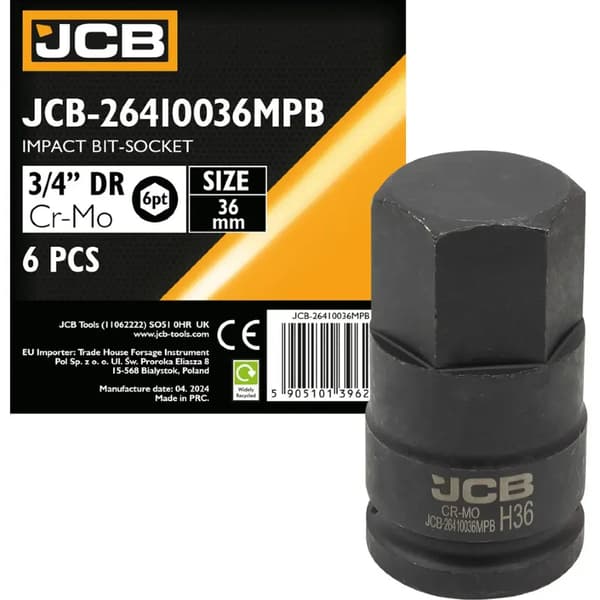 JCB Slagbittop 3/4" 36 mm 6-punkts Cr-Mo topnøgle