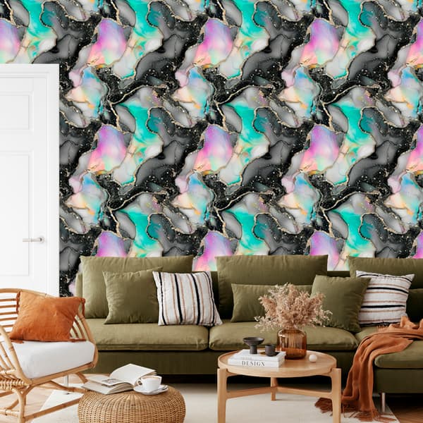Grafiitti-, harmaa-, vaaleanharmaa- ja merenvihreä mustetapetti 50x1000 cm