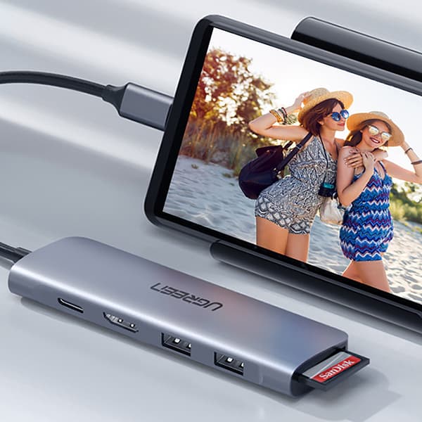 6in1 HUB -sovitin USB-C - HDMI USB-A USB-C PD SD TF -lukija - harmaa