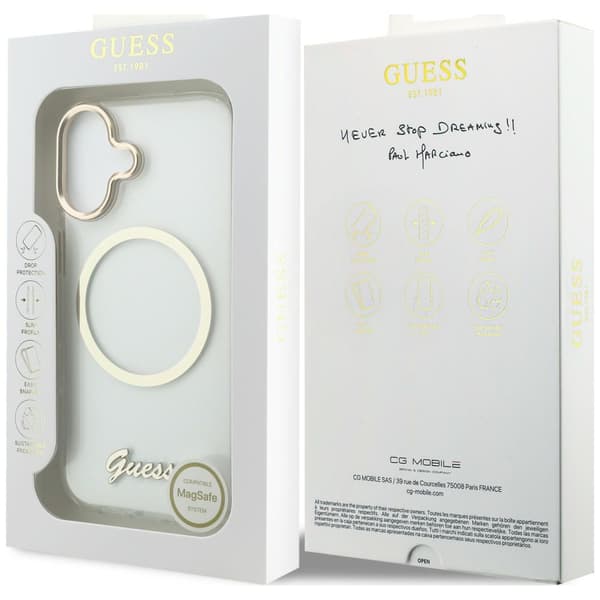 Guess IML Script Metal MagSafe-etui til iPhone 17 – klart
