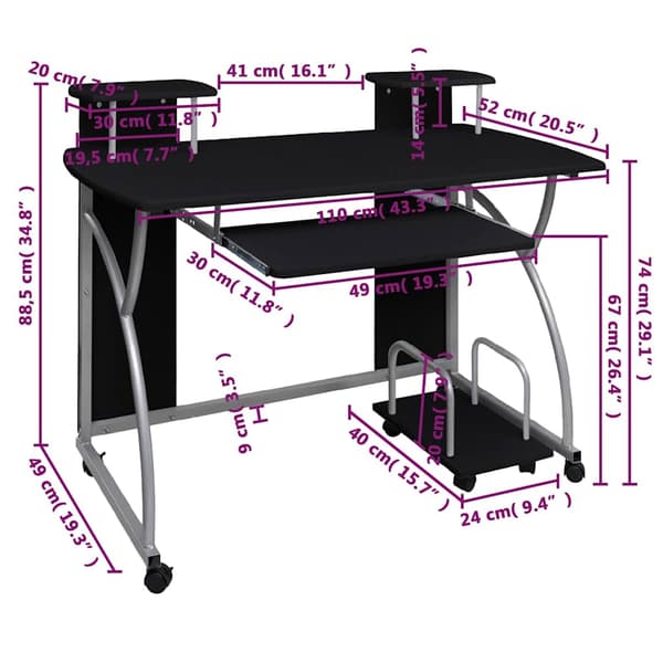vidaXL computerbord, sort, 110x52x88,5 cm