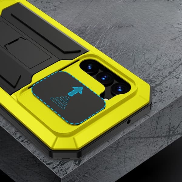 Pansret cover til Samsung Galaxy S23, R-JUST CamShield Slide, gul/sort