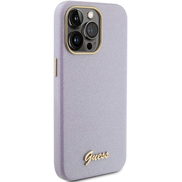 Guess Glitter Glossy Script cover til iPhone 15 Pro, lilla/lilla