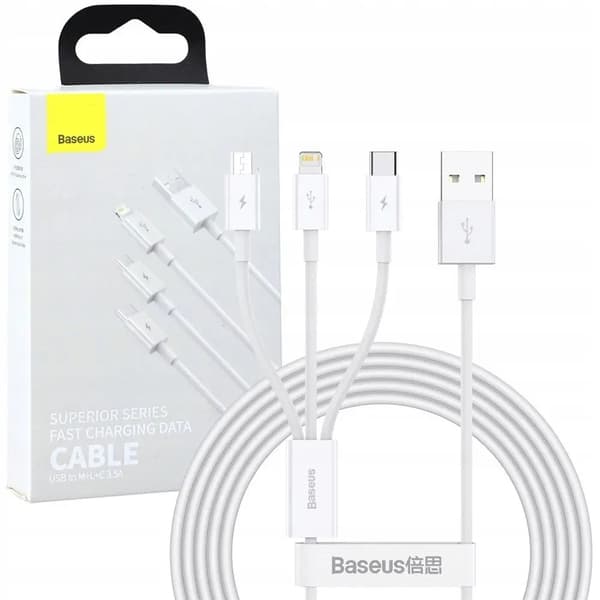 Baseus 3-i-1 Superior USB-Lightning + USB-C + microUSB-kabel 1,5 m 3,5A Vit