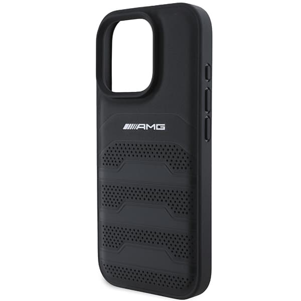AMG lædercover med prægede linjer og sort logo til iPhone 16 Pro Max, sort