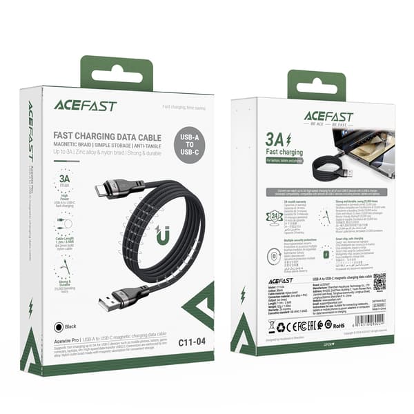 USB-A - USB-C 3A-kabel med magnetisk organizer 1,2 m - svart