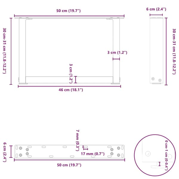 vidaXL sofabordsben, 2 stk., sort, 50x(30-31) cm, stål