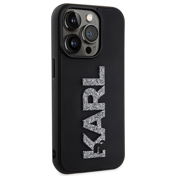 Karl Lagerfeld 3D Gummi Glitter Logo Etui til iPhone 15 Pro, Sort