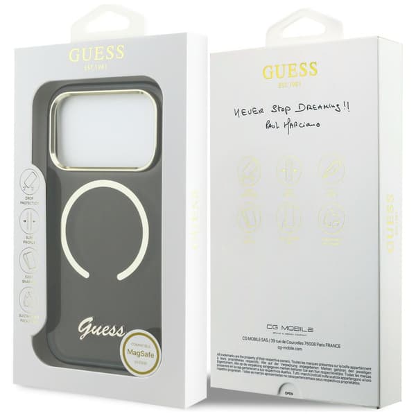 Guess IML Script Metallinen MagSafe-kotelo iPhone 17 Pro Maxille, musta