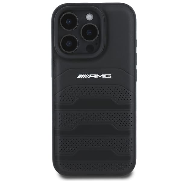 AMG lædercover med prægede linjer og sort logo til iPhone 16 Pro Max, sort