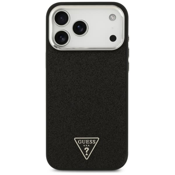 Guess Glitter Triangle Logo MagSafe -kotelo iPhone 17 Pro Maxille, musta