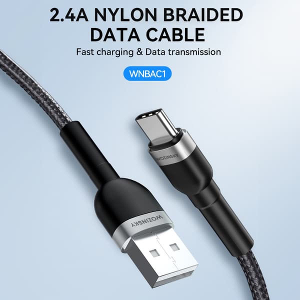Punottu kaapeli USB-A - USB-C 2.4A 1m musta