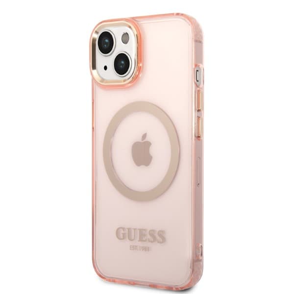 Guess Gold Outline Translucent MagSafe-etui til iPhone 14, lyserød