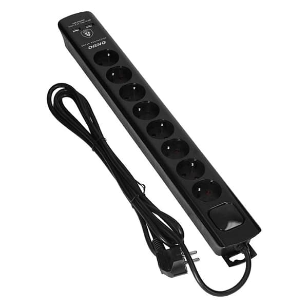 Strømskinne 8-vejs forlængerledning 2xUSB oplader 3m afbryder