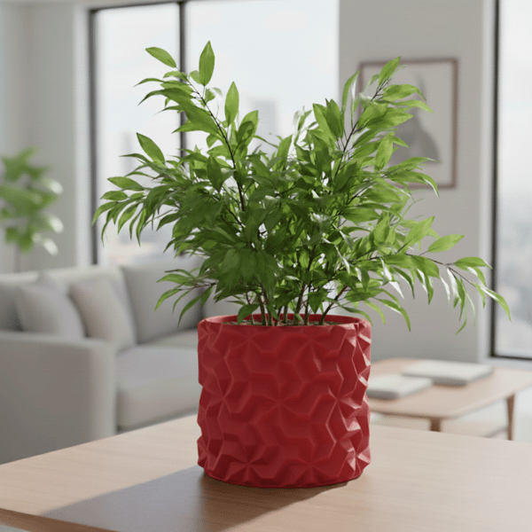 Rød urtepotteskjuler med 3D geometrisk mønster til loftplanter