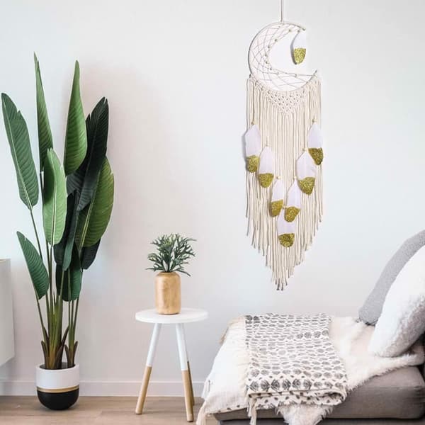 Macrame Drømmefanger Boho Måne Guld Fjer