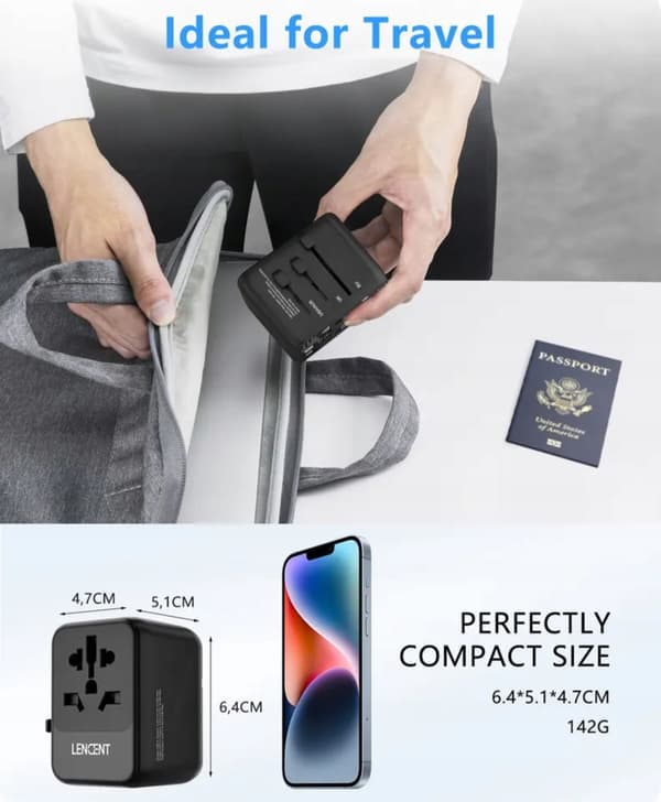 svart reseadapter LENCENT-kontakt, 4x USB-laddare inklusive 1 USB C