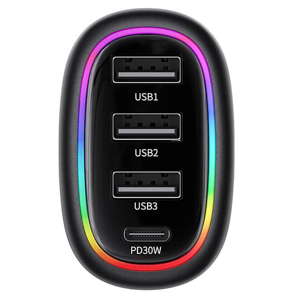 USAMS Biloplader 1xUSB-C 3xUSB-A C34 48W 3A+C PD Hurtigopladning sort