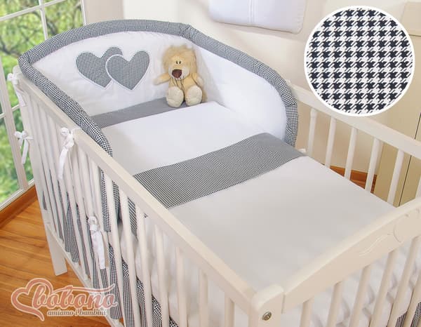 3-delt sengetøjssæt 120x90 Hjerter - sort houndstooth mønster
