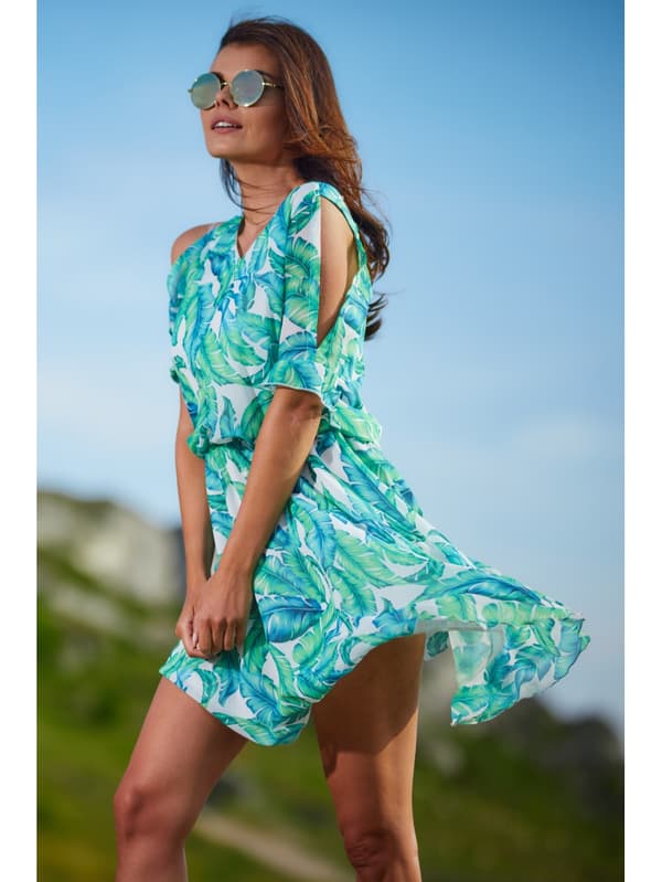 Sommerkjole med flagrende chiffon, grønt bladmønster M