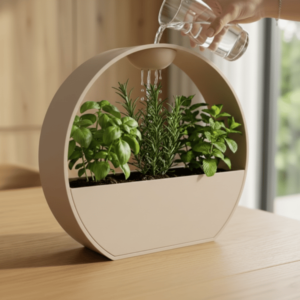 Beige urtepotte med vandingssystem til planter med stenlook