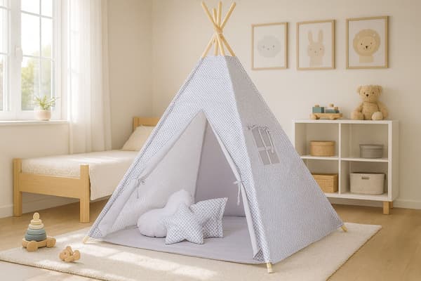 Tipi-tält för barn + matta + fjäderhängen - mini-rosett grå