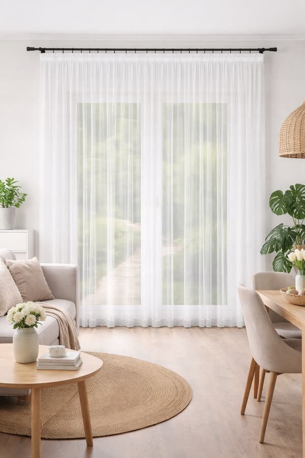 Klar til at hænges op: 400 x 260 cm lige strasgardinker til stueværelset, hvide.