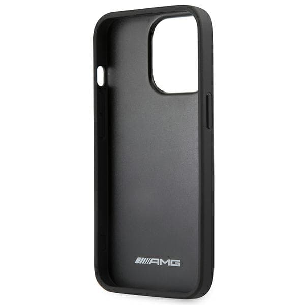 AMG lædercover med prægede linjer og sort logo til iPhone 14 Pro Max, sort
