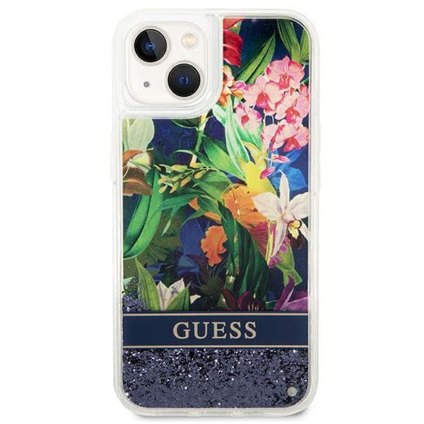 Guess Flower Liquid Glitter cover til iPhone 14, blå