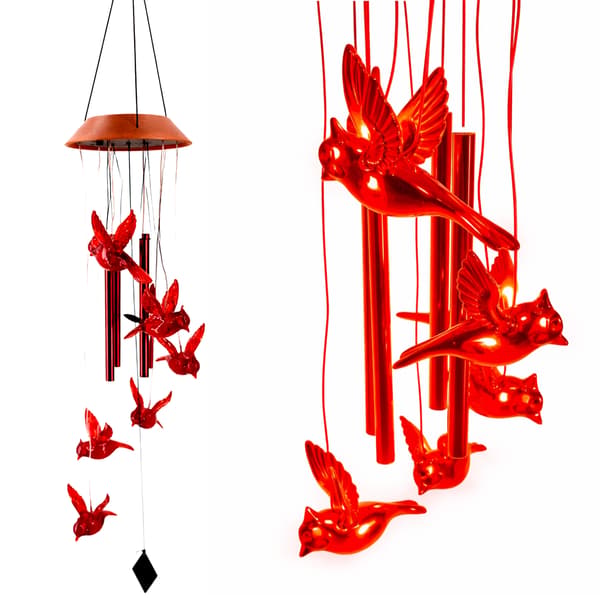 Solcellsdriven LED-vindklocka med 6 röda kardinaler 95 cm