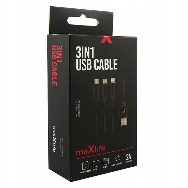 Maxlife 3-i-1 USB-kabel - Lightning + USB-C + microUSB 1,0 m 2,1A sort