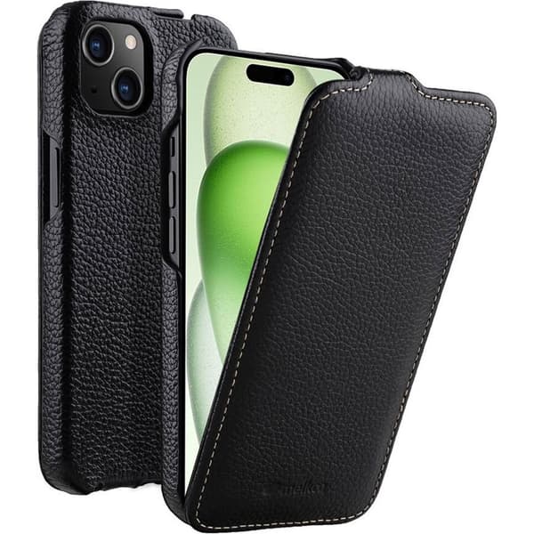 MELKCO Flip-etui til iPhone 15, læder, sort