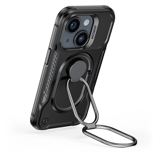 Etui til iPhone 14 Plus, pansret cover med stativ og ringholder, sort