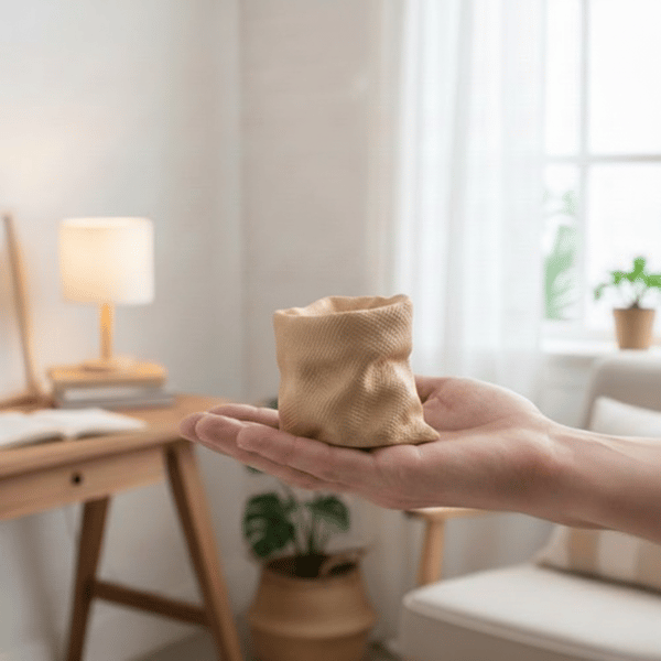 Modern beige växtkruka i jutepåse-stil