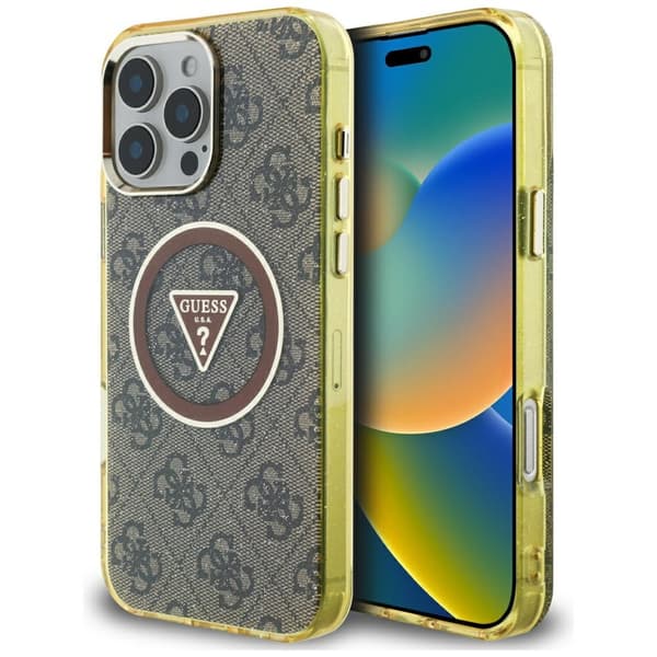 Guess IML Metal Glitter 4G Circle Triangle MagSafe-etui til iPhone 16 Pro brunt