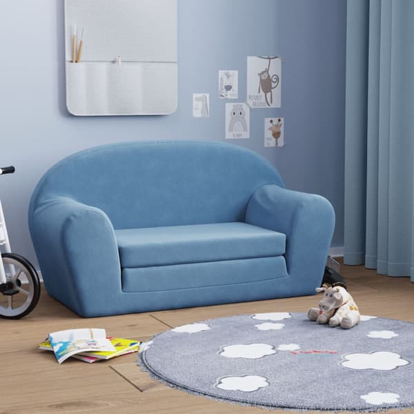 vidaXL 2-sits bäddsoffa för barn, blå, mjuk plysch