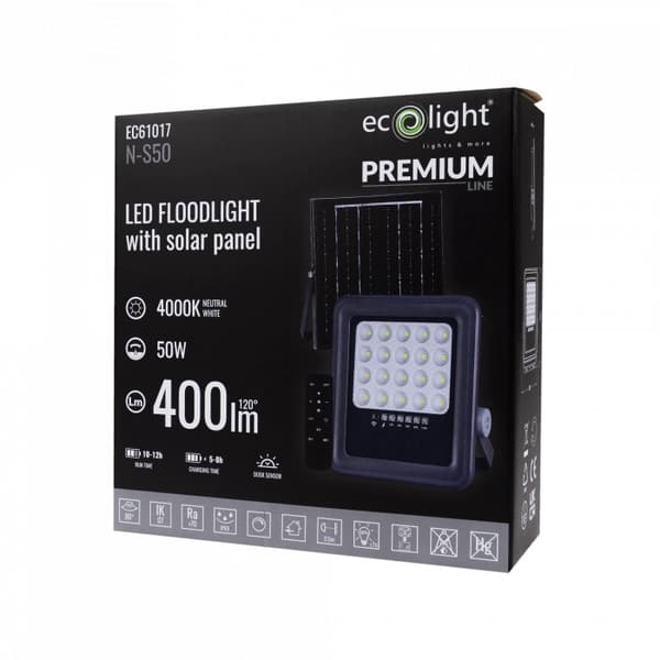 Utomhushalogen LED-strålkastare 50W med solpanel och skymningssensor