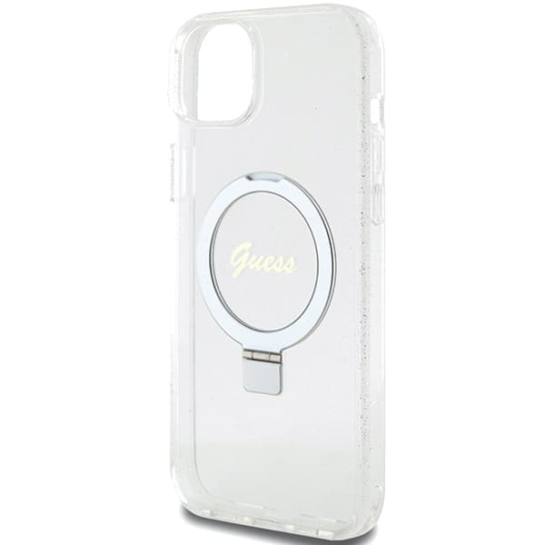 Guess Ring Stand Script Glitter MagSafe -kotelo iPhone 15 Plussalle, kirkas