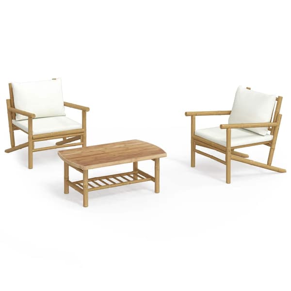 vidaXL 3-delat trädgårdsmöbelset, krämfärgade dynor, bambu