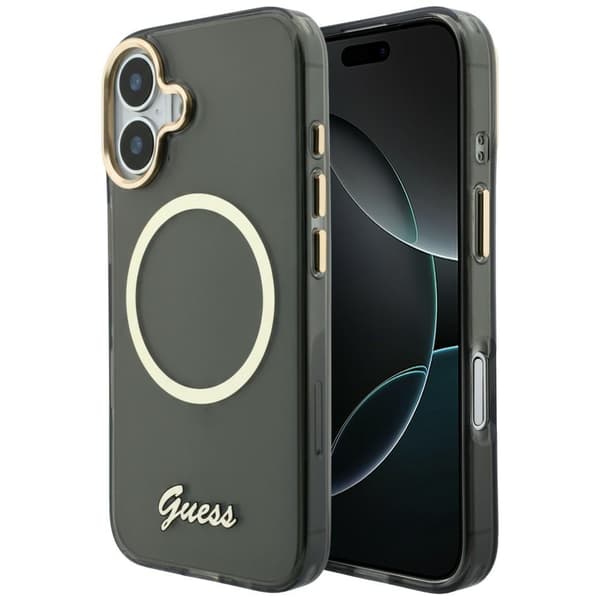 Guess IML Script Metallinen MagSafe-kotelo iPhone 17:lle, musta