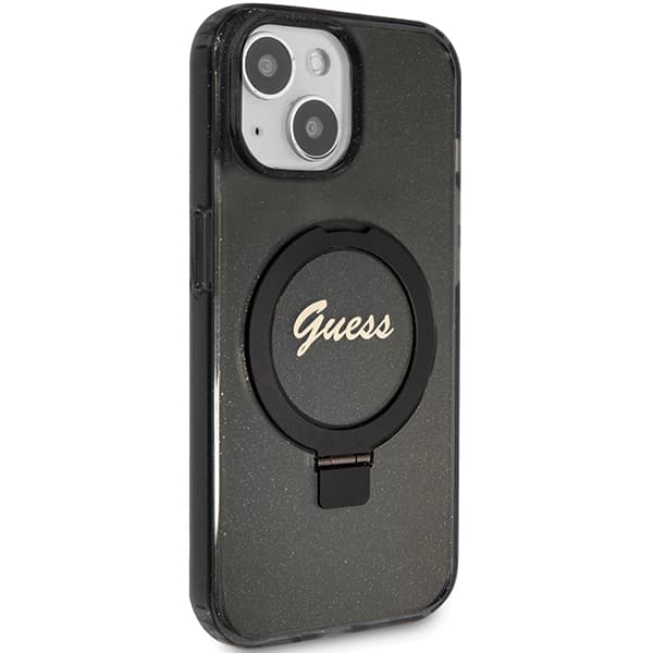 Guess Ring Stand Script Glitter MagSafe-skal till iPhone 14, svart