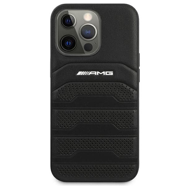 AMG lædercover med prægede linjer og sort logo til iPhone 14 Pro Max, sort