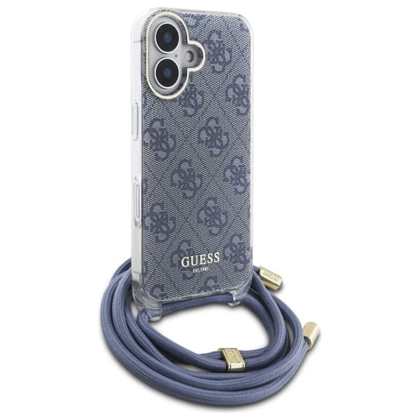 Guess Crossbody Cord 4G Print-etui til iPhone 16, blå