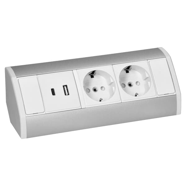 Kaapinaluspistorasia, kaksois-Schuko, 2xUSB A+C, 2.4A, valkoinen-hopea